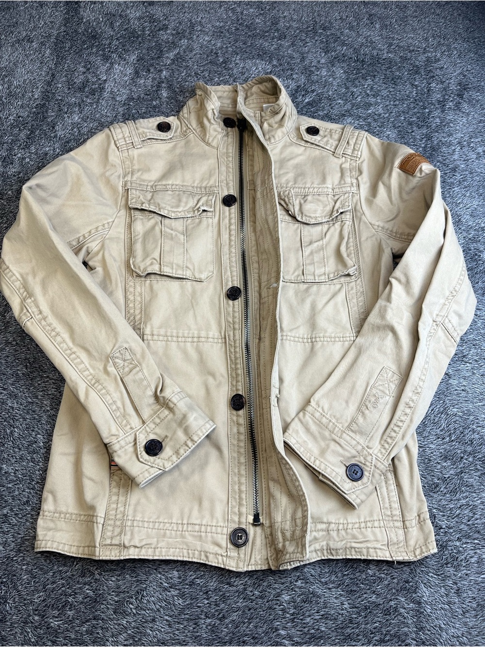 Triple Five Soul Men's Utility Field Jacket Khaki Cotton S/P Zip Cargo Military